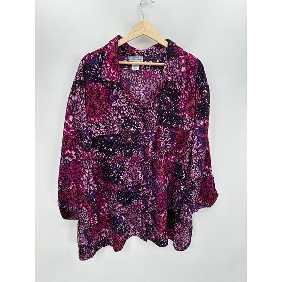 Maggie Barnes Button Down Shirt Women Purple Dark Floral Size 5X Collar Stretch - Picture 1 of 5